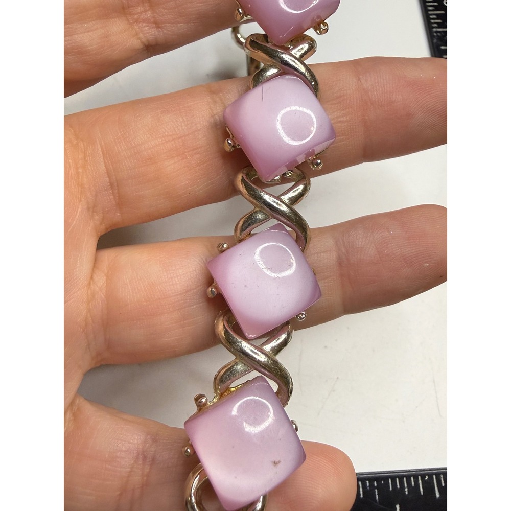 Lavender Purple Square Glass Cabochon Silver Tone Infinity Link Bracelet 7.25"